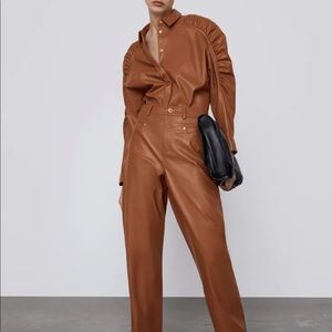 Zara faux leather shirt and wide leg pants